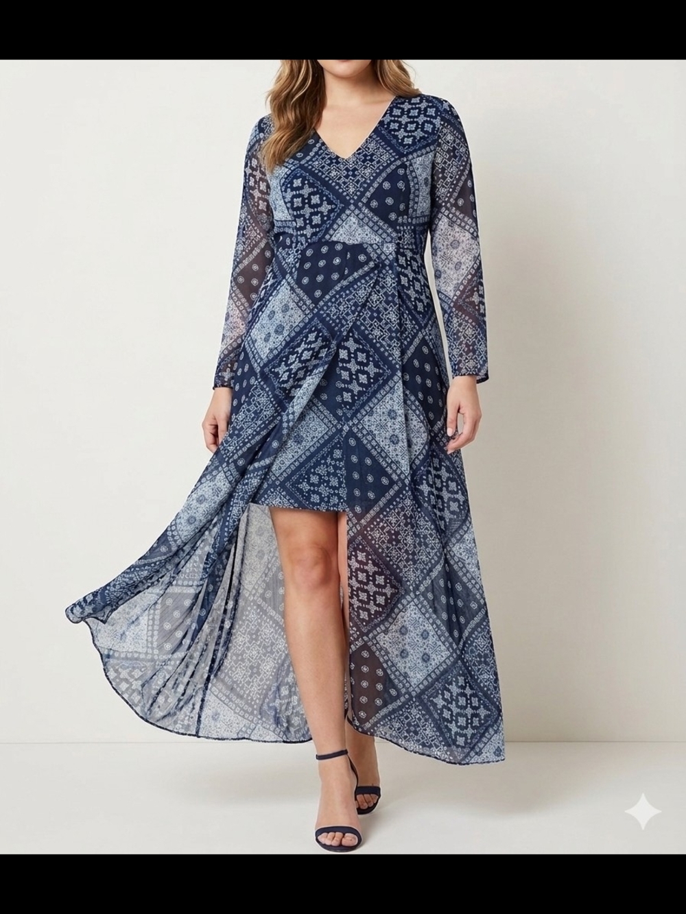 Enfocus Studio Navy Patchwork High-Low V-Neck Maxi Dress with Mini Slip Size 6